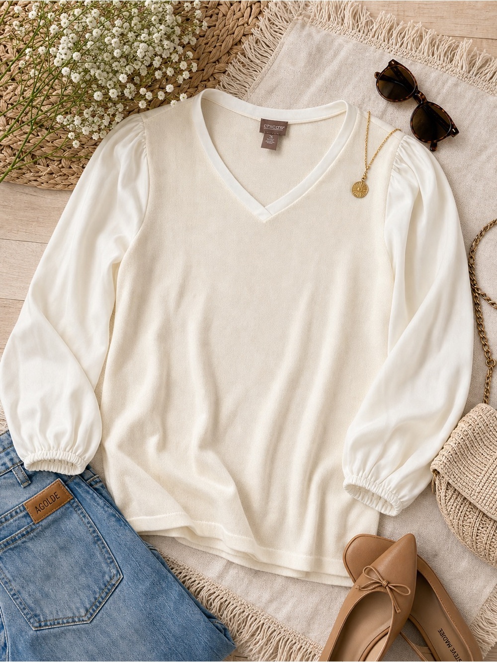 Chico’s Cream Puff Sleeve Sweater Top Size 3 (XL) Soft Knit Blouse